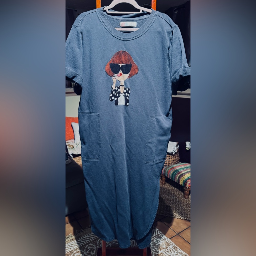 Blue Dress set with Graphic Print and cardigan with hood